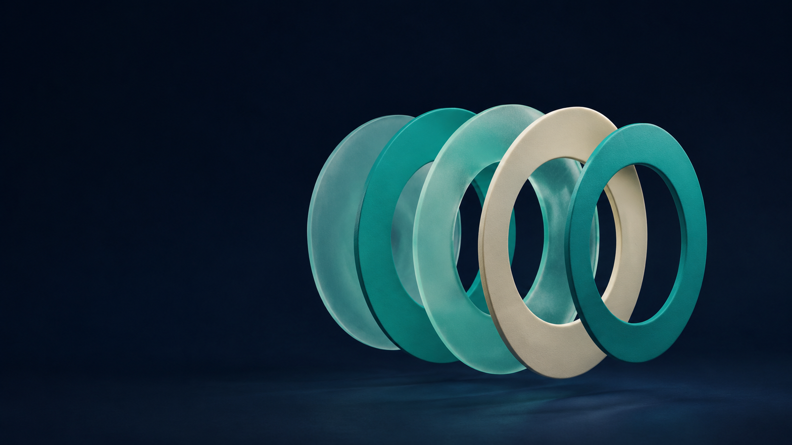 Conceptual MFB sculpture of layered circular lenses aligning into a clear focal opening, representing unified business visibility