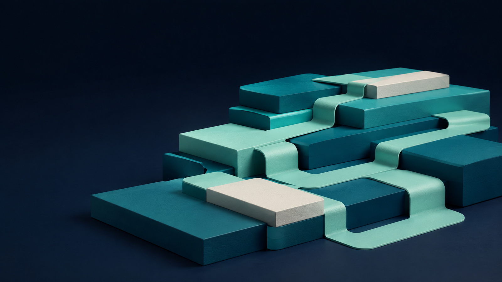 Conceptual MFB sculpture of modular portfolio blocks linked by broad teal channels, representing connected commercial decisions